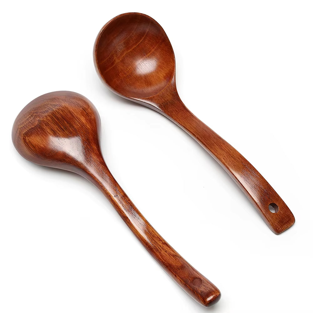 Natural Wooden Long Handle Soup Scoop - Eco-Friendly Ramen and Rice Ladle for Kitchen and Catering