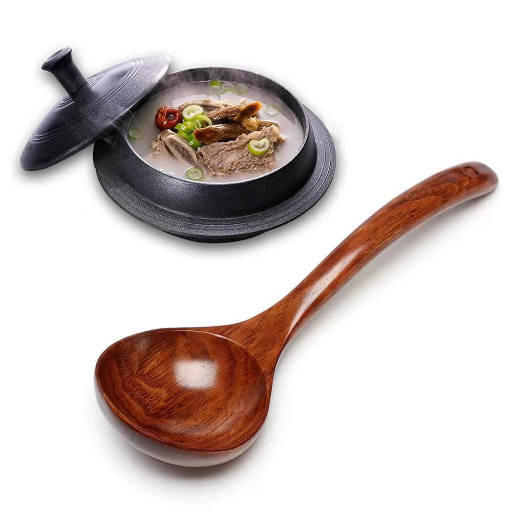 Natural Wooden Long Handle Soup Scoop - Eco-Friendly Ramen and Rice Ladle for Kitchen and Catering